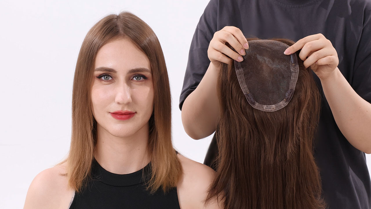 A stylist is putting a human hair topper on a woman's head